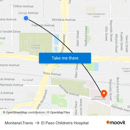 Montana\Travis to El Paso Children's Hospital map