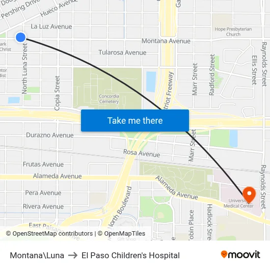Montana\Luna to El Paso Children's Hospital map