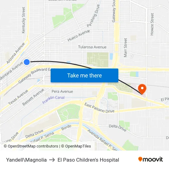 Yandell\Magnolia to El Paso Children's Hospital map