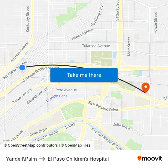 Yandell\Palm to El Paso Children's Hospital map