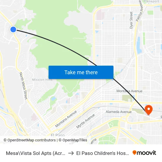 Mesa\Vista Sol Apts (Across) to El Paso Children's Hospital map
