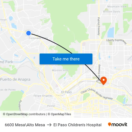 6600 Mesa\Alto Mesa to El Paso Children's Hospital map