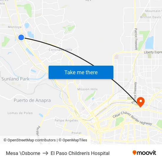 Mesa \Osborne to El Paso Children's Hospital map