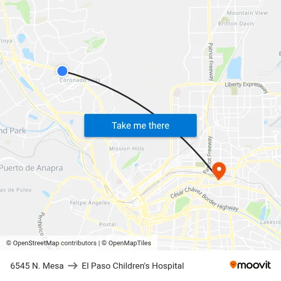 6545 N. Mesa to El Paso Children's Hospital map