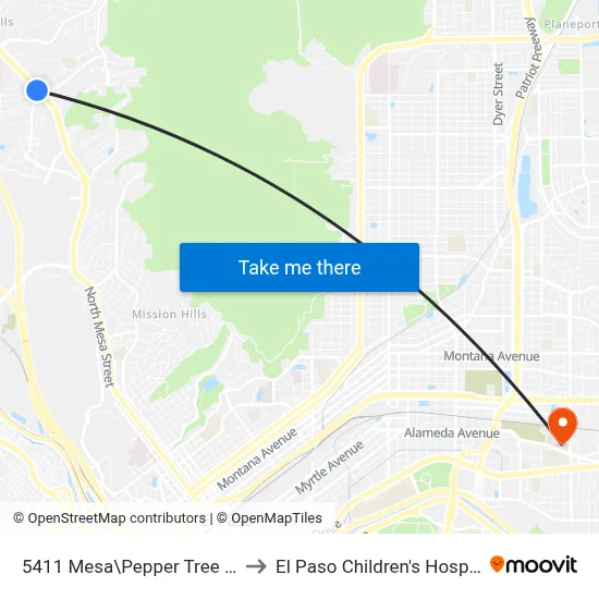 5411 Mesa\Pepper Tree Sq. to El Paso Children's Hospital map