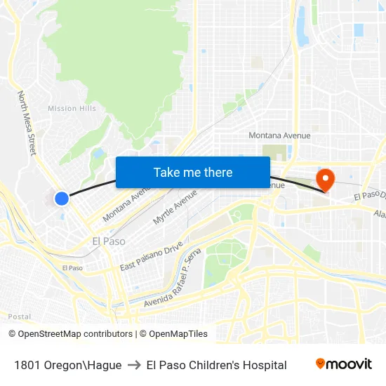 1801 Oregon\Hague to El Paso Children's Hospital map