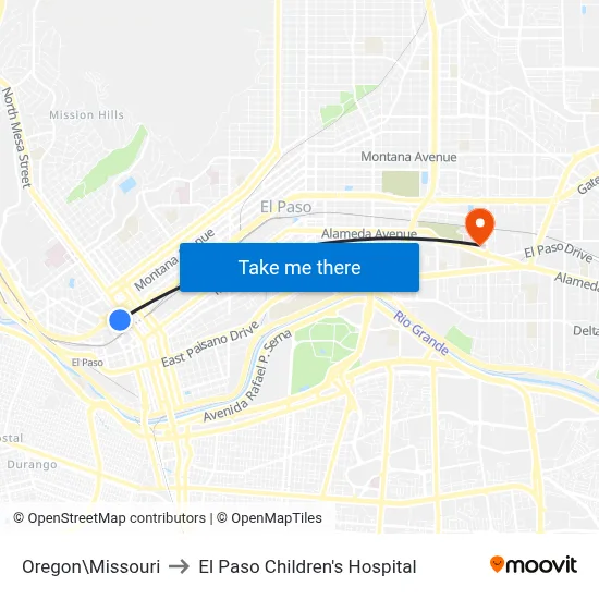 Oregon\Missouri to El Paso Children's Hospital map
