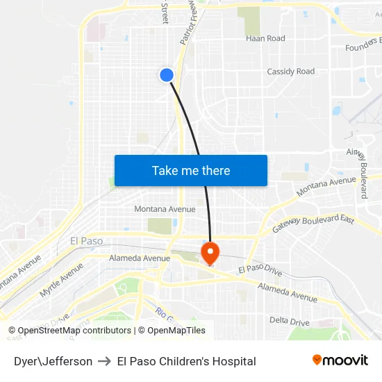 Dyer\Jefferson to El Paso Children's Hospital map