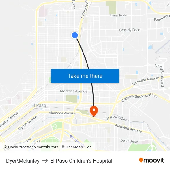 Dyer\Mckinley to El Paso Children's Hospital map