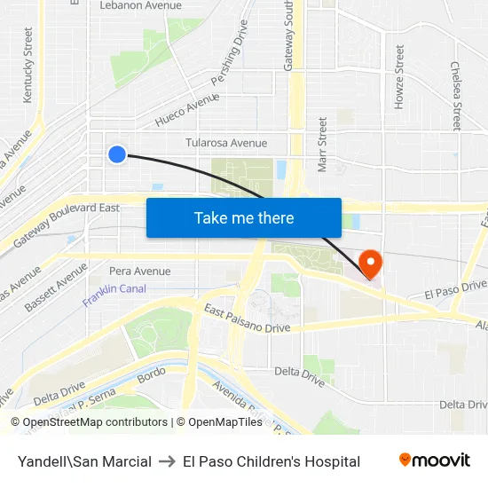 Yandell\San Marcial to El Paso Children's Hospital map