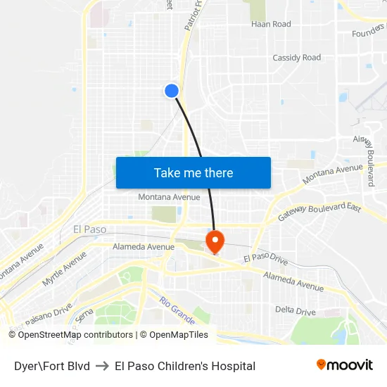 Dyer\Fort Blvd to El Paso Children's Hospital map