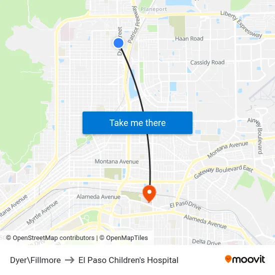 Dyer\Fillmore to El Paso Children's Hospital map