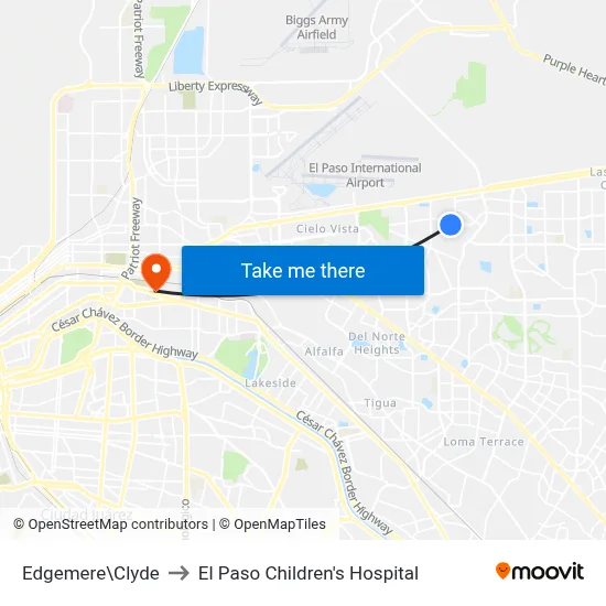 Edgemere\Clyde to El Paso Children's Hospital map