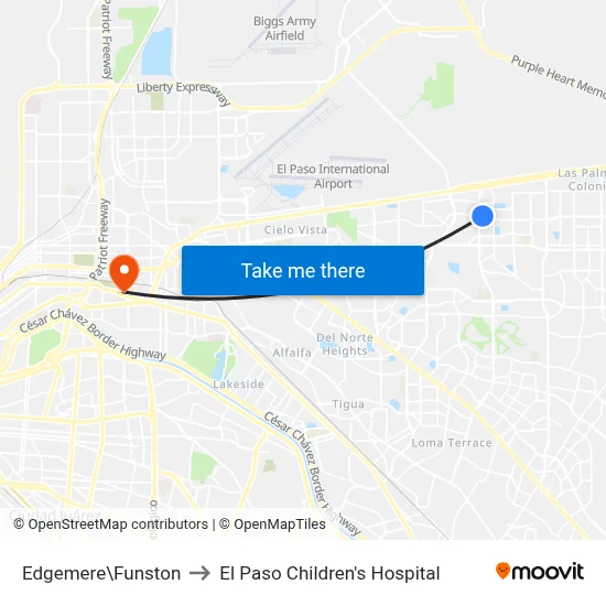 Edgemere\Funston to El Paso Children's Hospital map