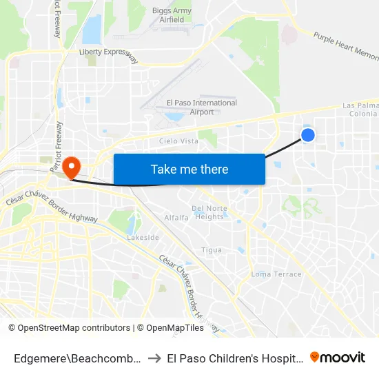 Edgemere\Beachcomber to El Paso Children's Hospital map
