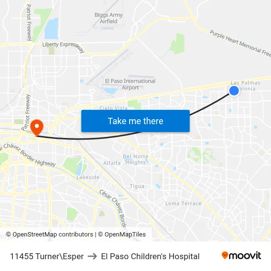 11455 Turner\Esper to El Paso Children's Hospital map