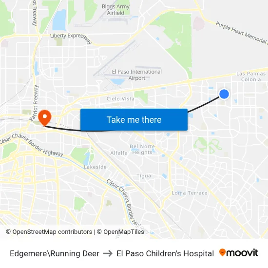 Edgemere\Running Deer to El Paso Children's Hospital map
