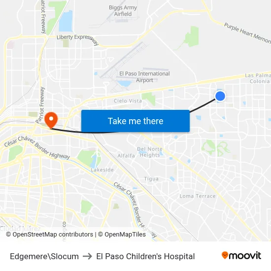 Edgemere\Slocum to El Paso Children's Hospital map