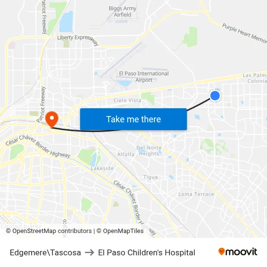 Edgemere\Tascosa to El Paso Children's Hospital map