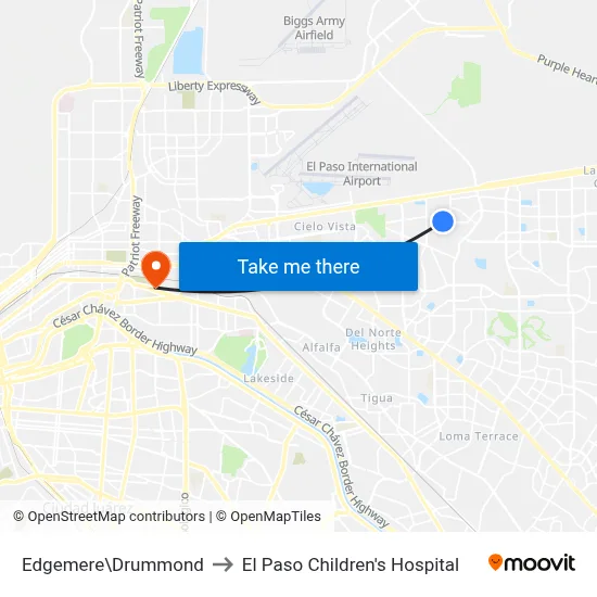 Edgemere\Drummond to El Paso Children's Hospital map