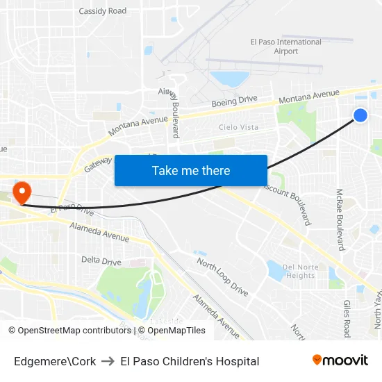 Edgemere\Cork to El Paso Children's Hospital map