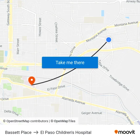 Bassett Place to El Paso Children's Hospital map