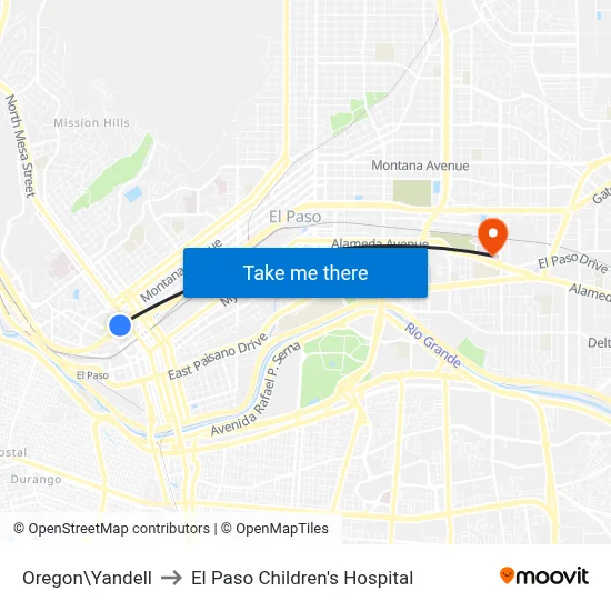 Oregon\Yandell to El Paso Children's Hospital map