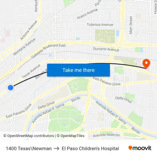 1400 Texas\Newman to El Paso Children's Hospital map