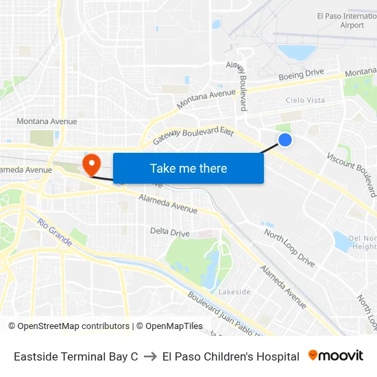 Eastside Terminal Bay C to El Paso Children's Hospital map