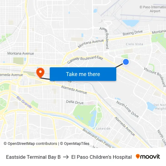 Eastside Terminal Bay B to El Paso Children's Hospital map