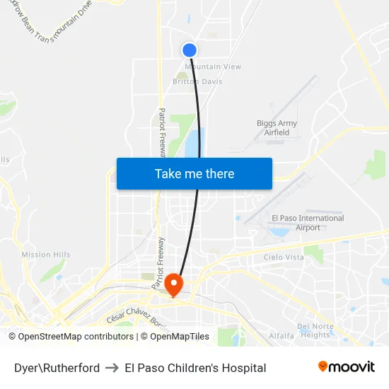 Dyer\Rutherford to El Paso Children's Hospital map