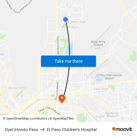 Dyer\Hondo Pass to El Paso Children's Hospital map