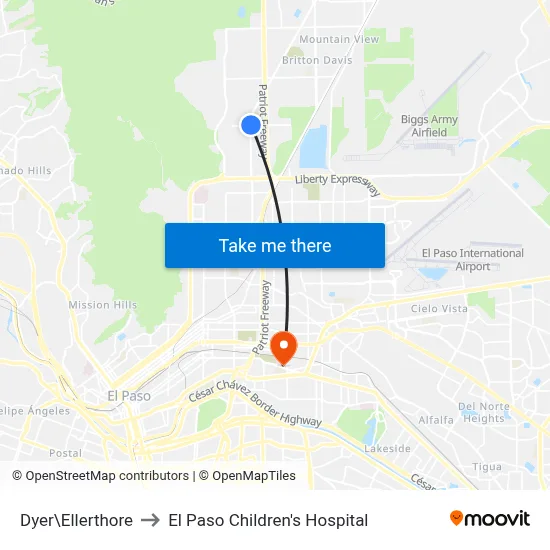Dyer\Ellerthore to El Paso Children's Hospital map