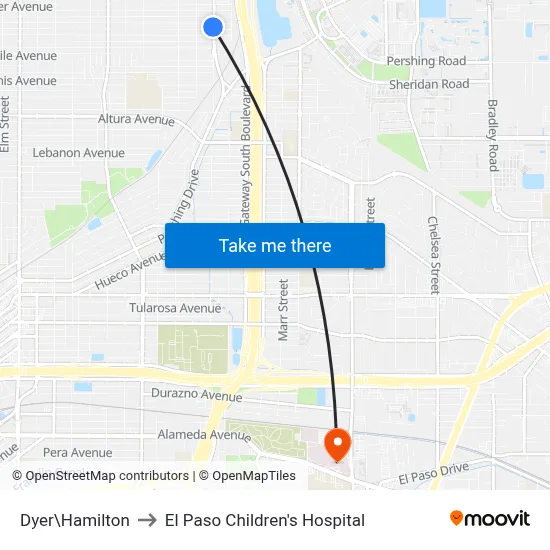 Dyer\Hamilton to El Paso Children's Hospital map