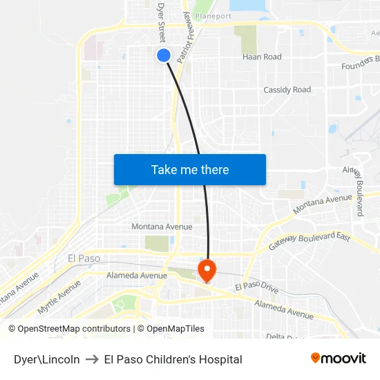 Dyer\Lincoln to El Paso Children's Hospital map