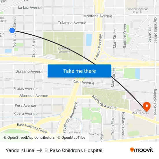 Yandell\Luna to El Paso Children's Hospital map
