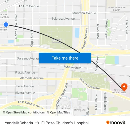 Yandell\Cebada to El Paso Children's Hospital map