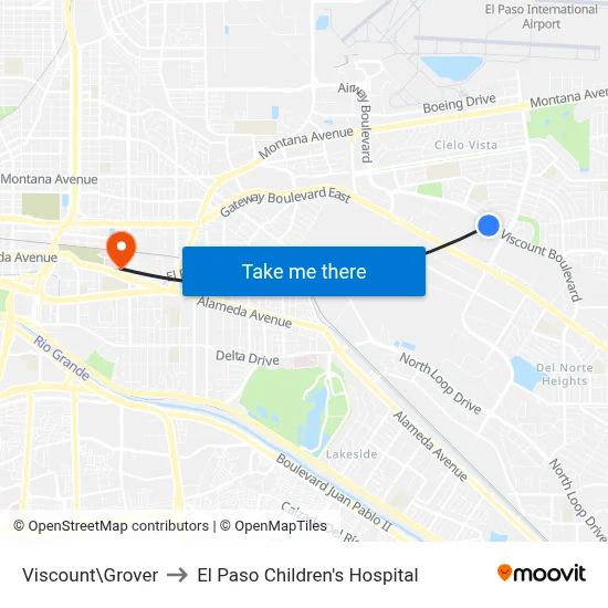 Viscount\Grover to El Paso Children's Hospital map