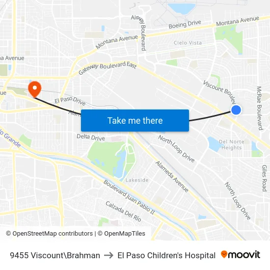 9455 Viscount\Brahman to El Paso Children's Hospital map