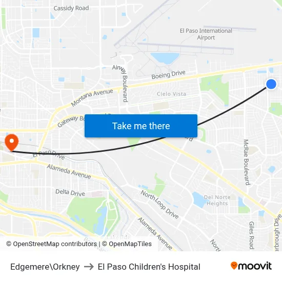 Edgemere\Orkney to El Paso Children's Hospital map