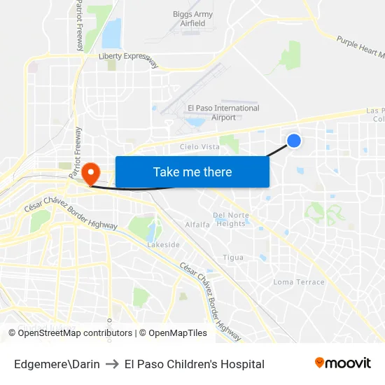 Edgemere\Darin to El Paso Children's Hospital map