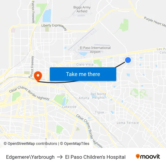 Edgemere\Yarbrough to El Paso Children's Hospital map