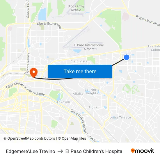 Edgemere\Lee Trevino to El Paso Children's Hospital map