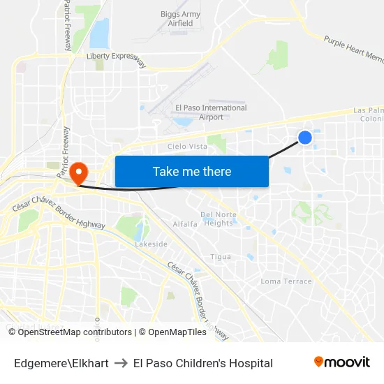 Edgemere\Elkhart to El Paso Children's Hospital map