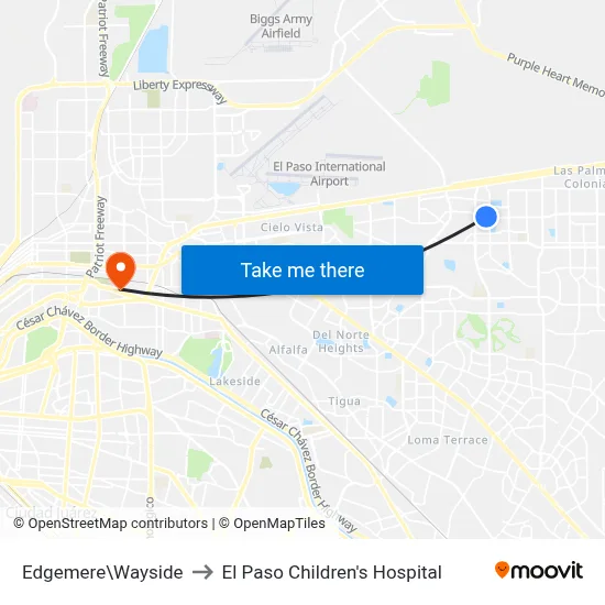 Edgemere\Wayside to El Paso Children's Hospital map