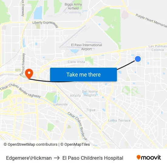 Edgemere\Hickman to El Paso Children's Hospital map