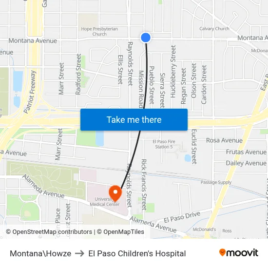 Montana\Howze to El Paso Children's Hospital map
