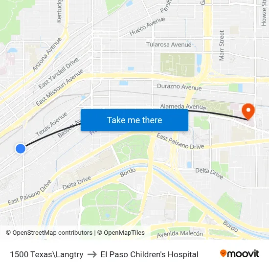 1500 Texas\Langtry to El Paso Children's Hospital map