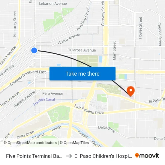 Five Points Terminal Bay B to El Paso Children's Hospital map