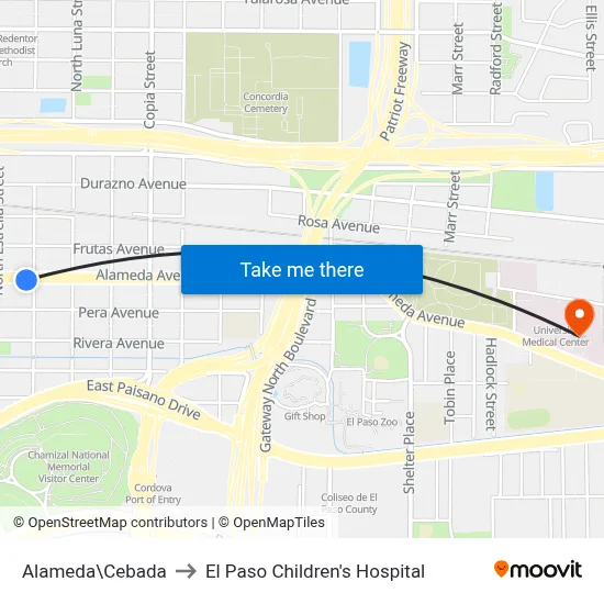 Alameda\Cebada to El Paso Children's Hospital map